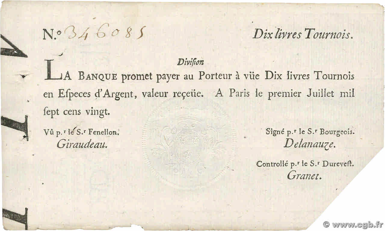 10 Livres Tournois typographié FRANCE  1720 Dor.22 VF