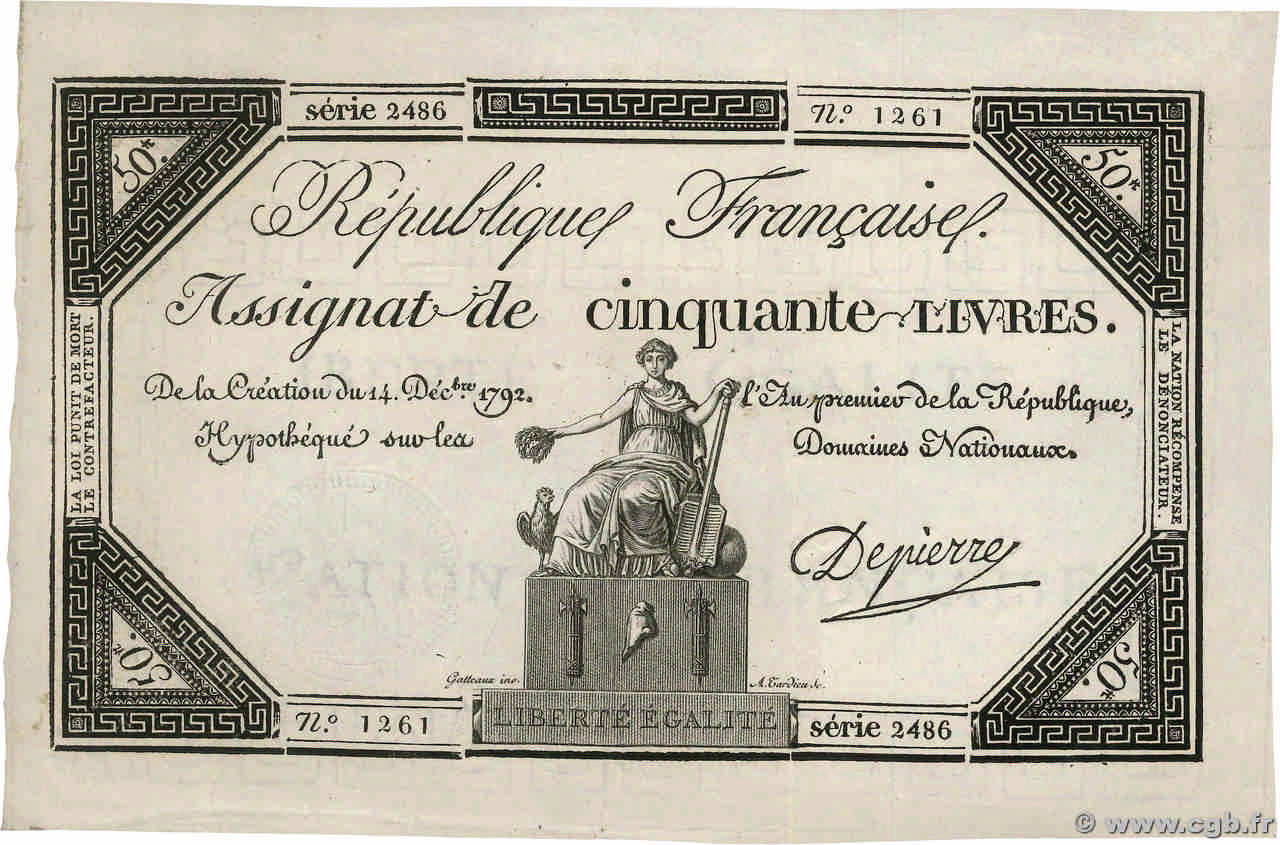 50 Livres FRANCE  1792 Ass.39a XF