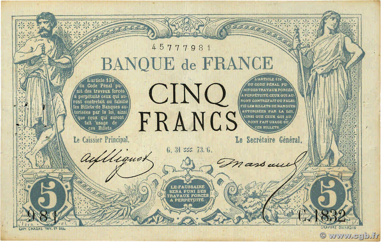 5 Francs NOIR FRANCE  1873 F.01.14 TTB