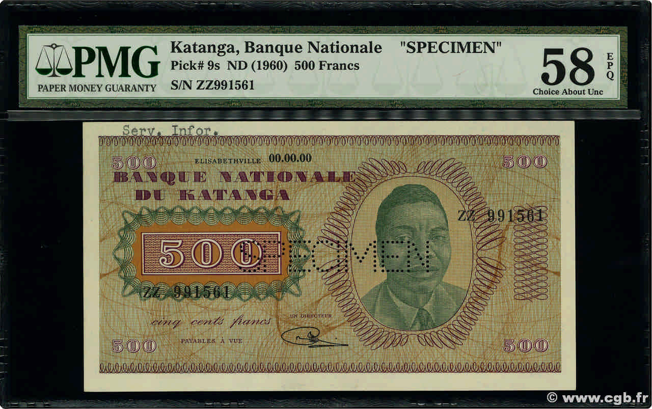 500 Francs Spécimen KATANGA  1960 P.09s fST