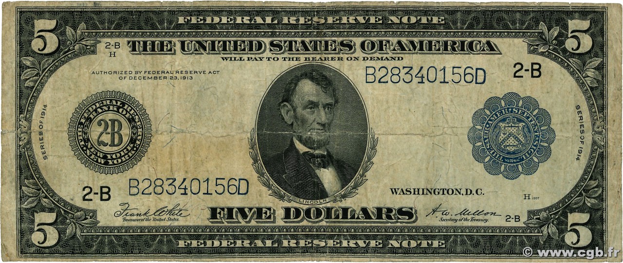 5 Dollars ÉTATS-UNIS D AMÉRIQUE New York 1914 P.359b B