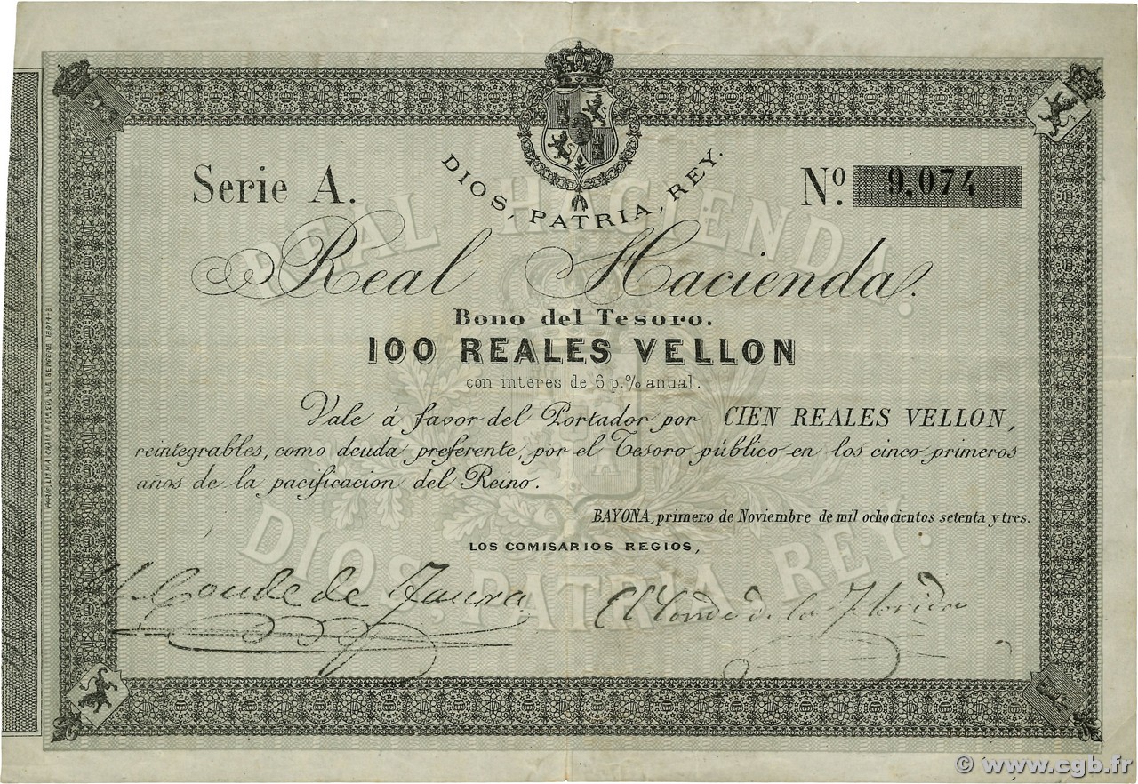100 Reales Vellon ESPAÑA Bayona 1873 P.- BC+