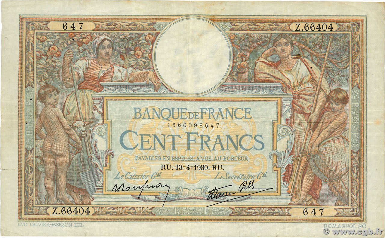 100 Francs LUC OLIVIER MERSON type modifié FRANCE  1939 F.25.46 TB+