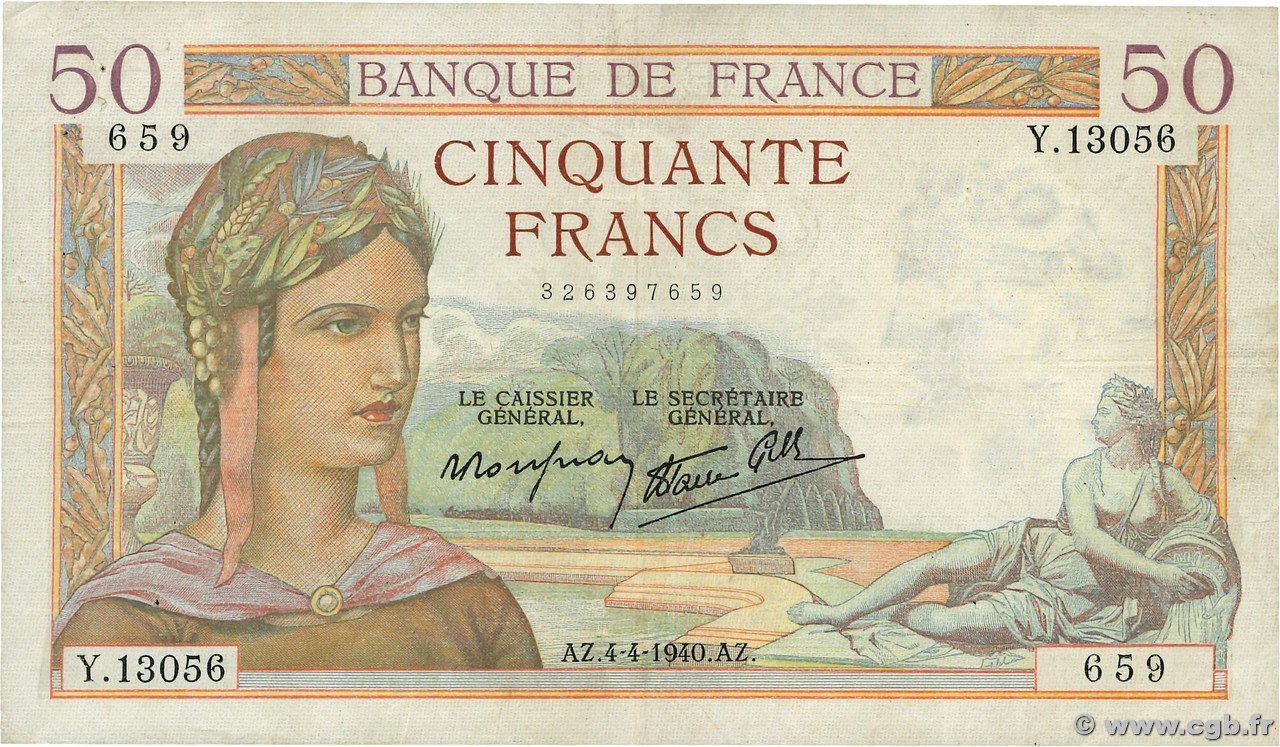 50 Francs CÉRÈS modifié FRANCE  1940 F.18.42 VF-