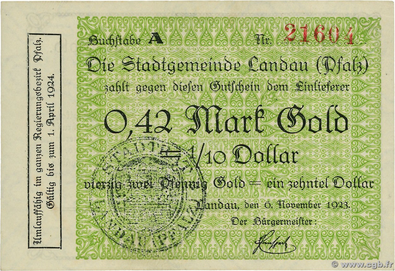0,42 Mark Gold - 1/10 Dollar ALLEMAGNE Landau Pfalz 1923  SUP