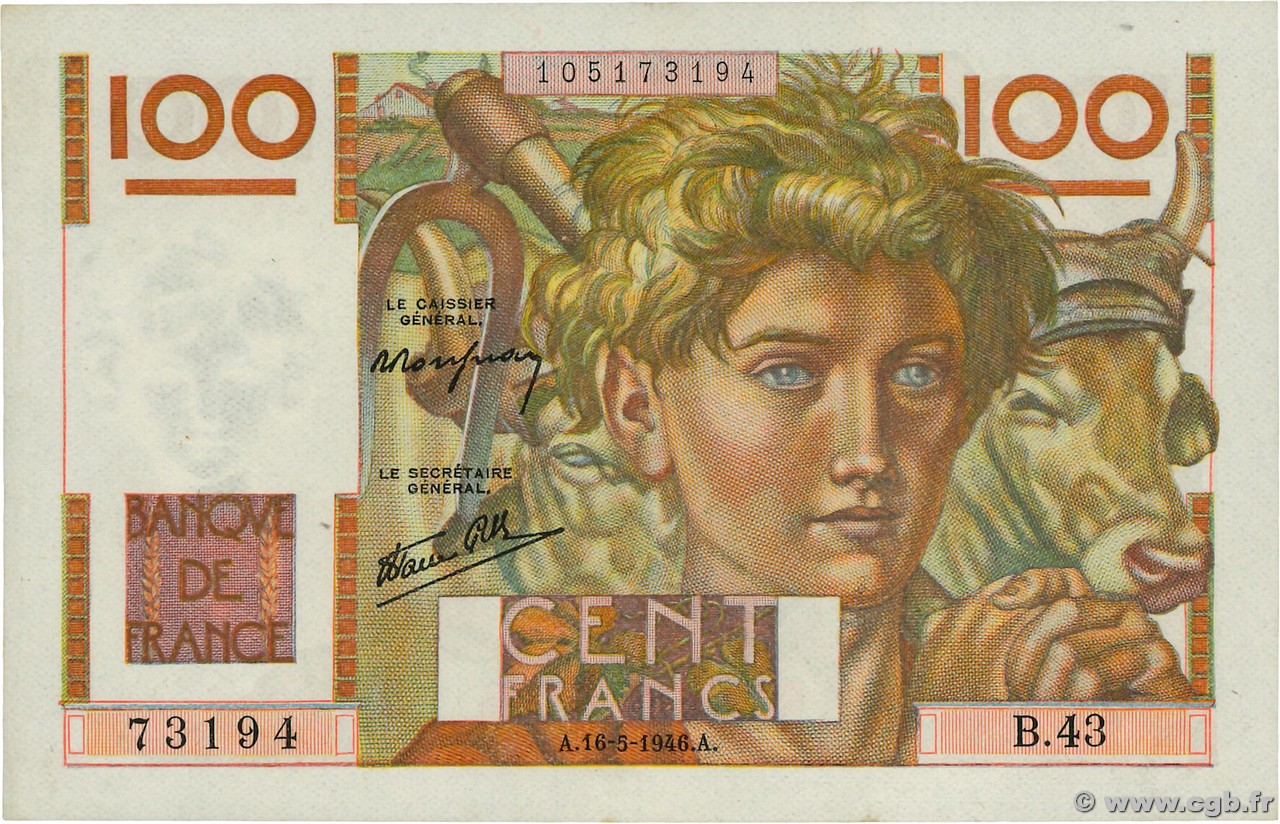 100 Francs JEUNE PAYSAN FRANCE  1946 F.28.04 SUP
