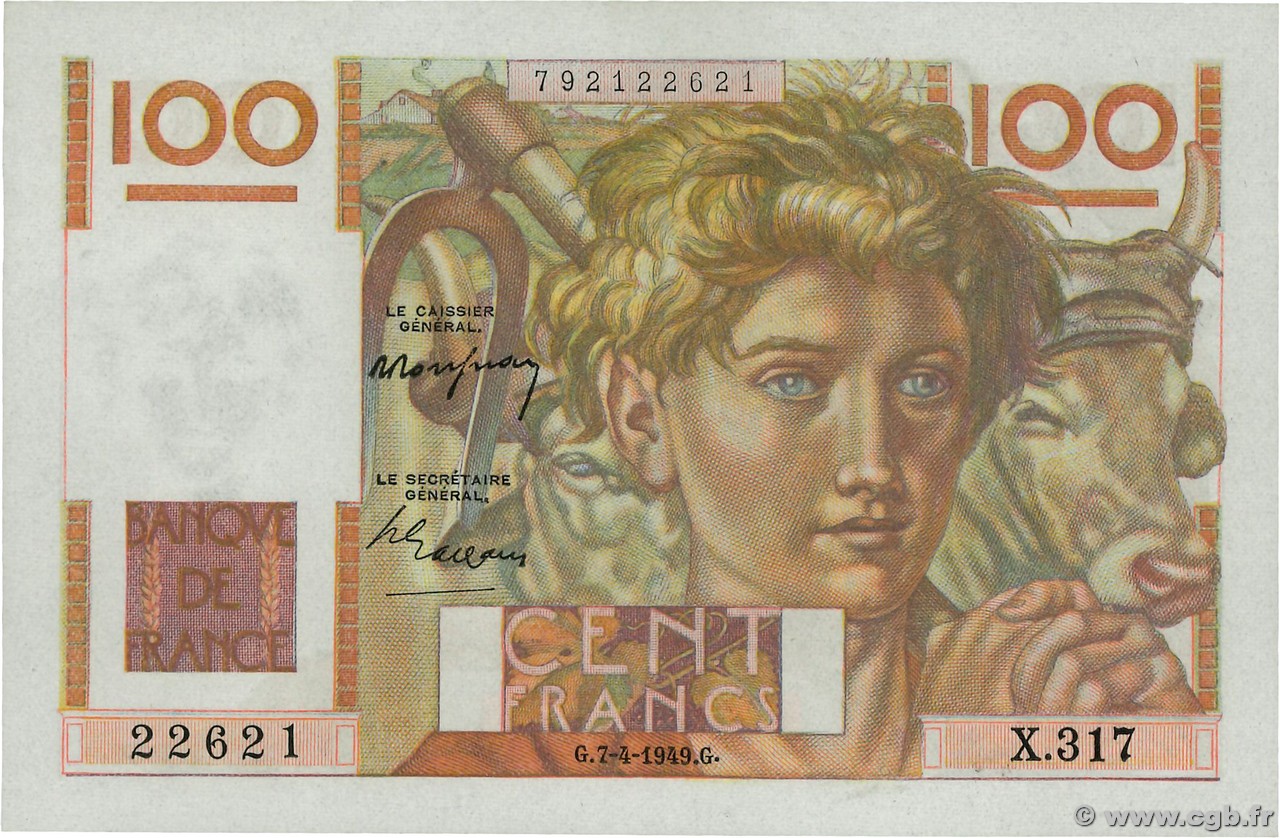 100 Francs JEUNE PAYSAN FRANCE  1949 F.28.23 SUP+