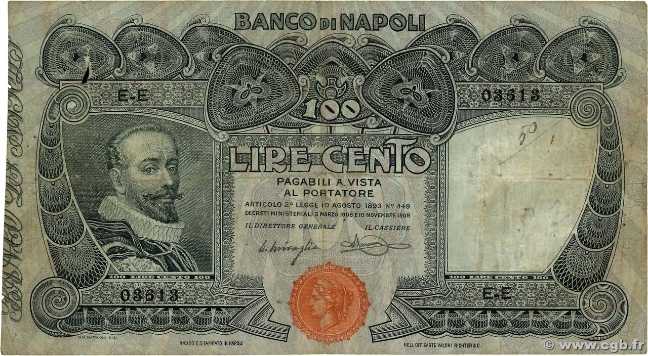 100 Lire ITALIE  1908 PS.857 pr.TB