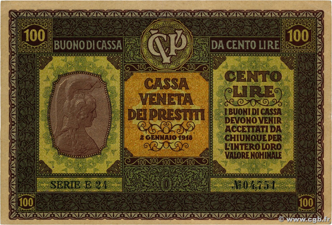 100 Lire ITALY  1918 PM.08 VF