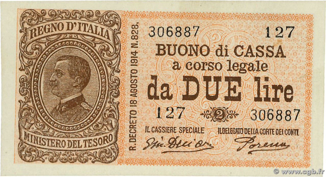 2 Lire ITALIE  1914 P.037c SPL