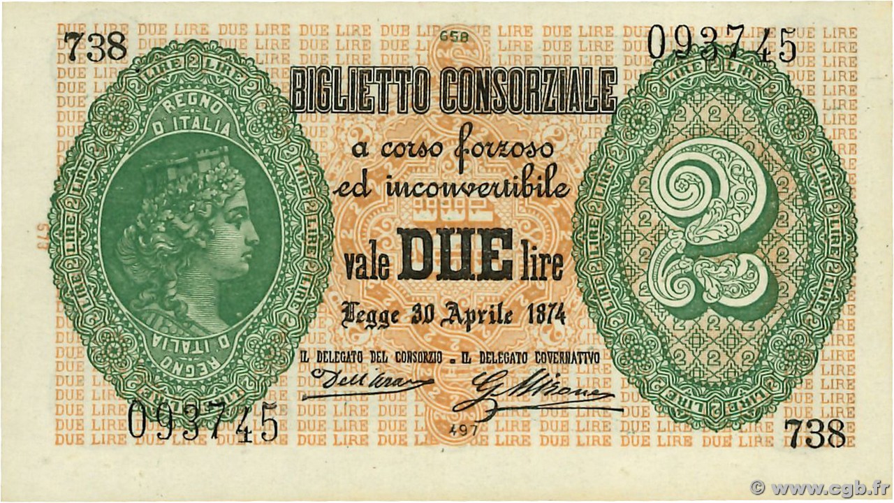 2 Lire ITALIE  1874 P.003 SPL