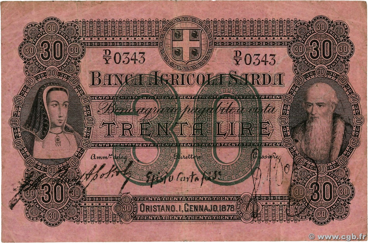 30 Lires ITALIE Orisiano 1878 PS.921c pr.TB