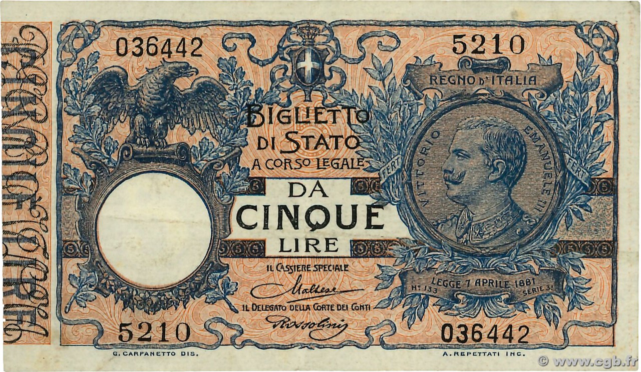 5 Lire ITALY  1923 P.023f VF