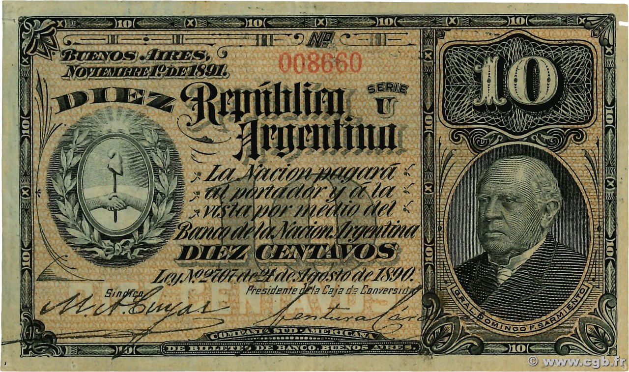 10 Centavos ARGENTINE  1891 P.210 TTB