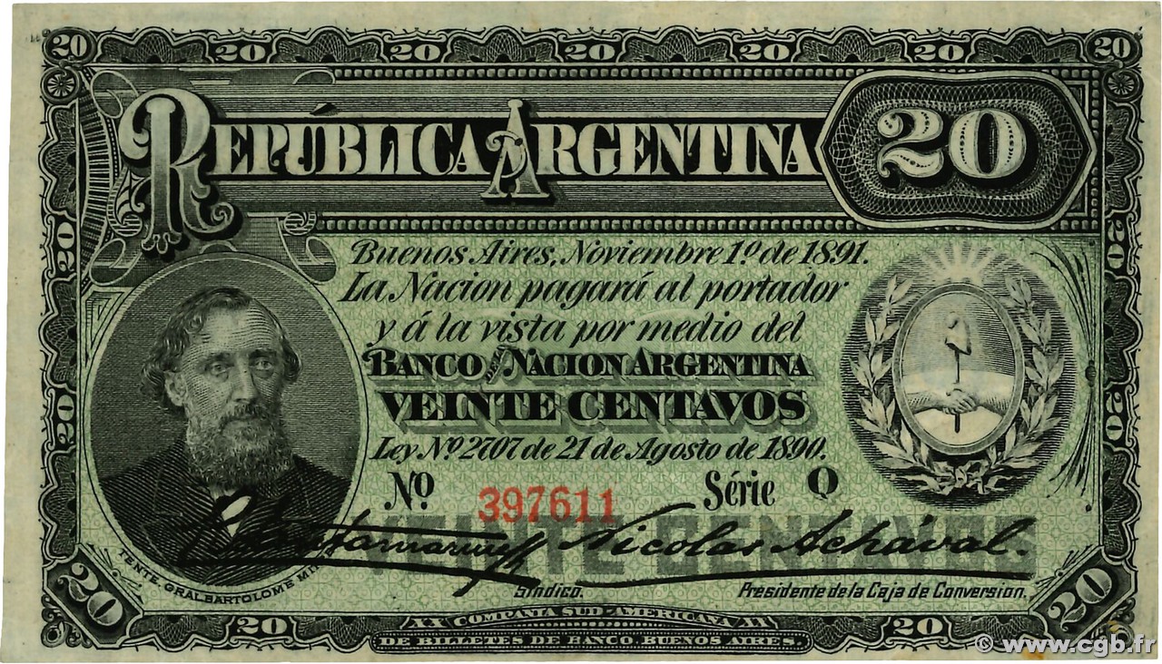 20 Centavos ARGENTINA  1895 P.211b XF