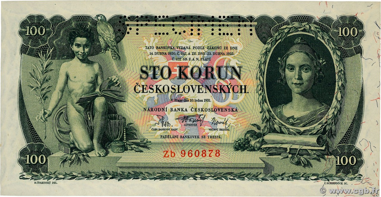 100 Korun  Spécimen CZECHOSLOVAKIA  1931 P.023s XF