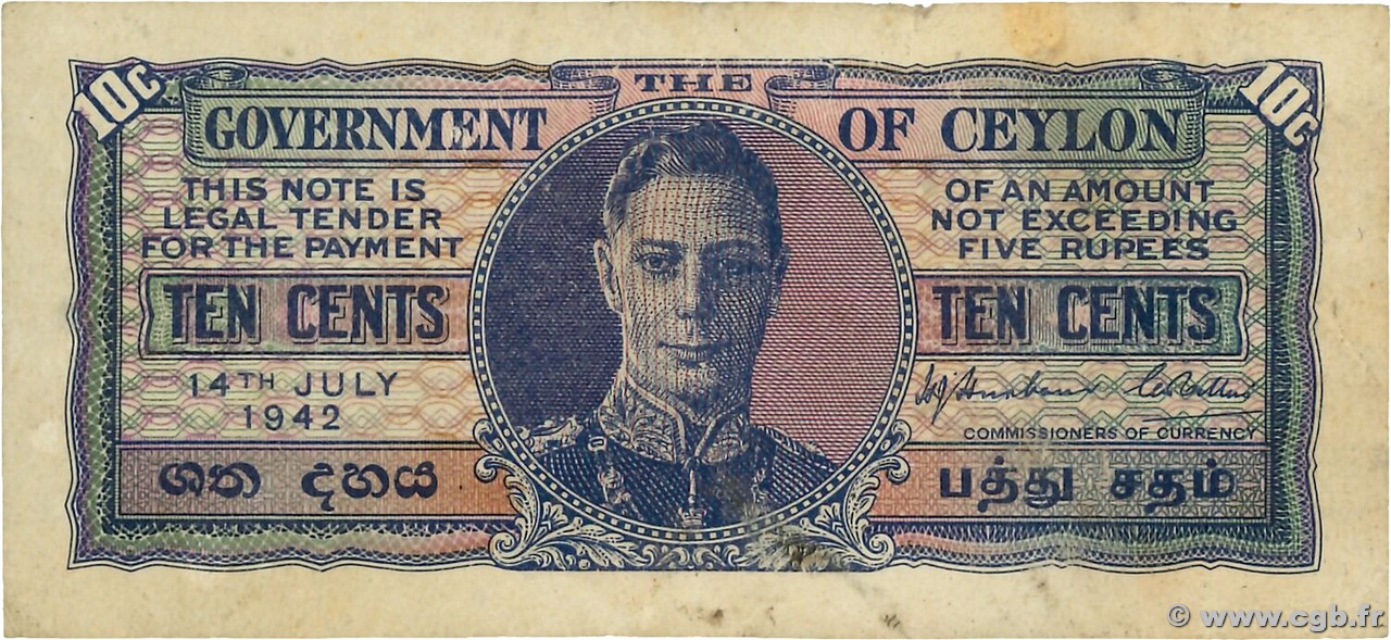 10 Cents CEYLAN  1942 P.043a TB+