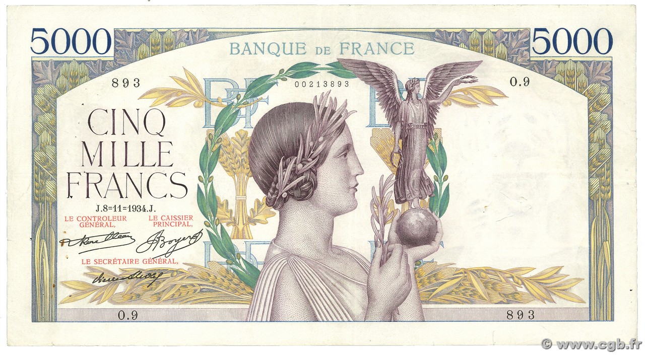 5000 Francs VICTOIRE FRANCE  1934 F.44.01 VF-