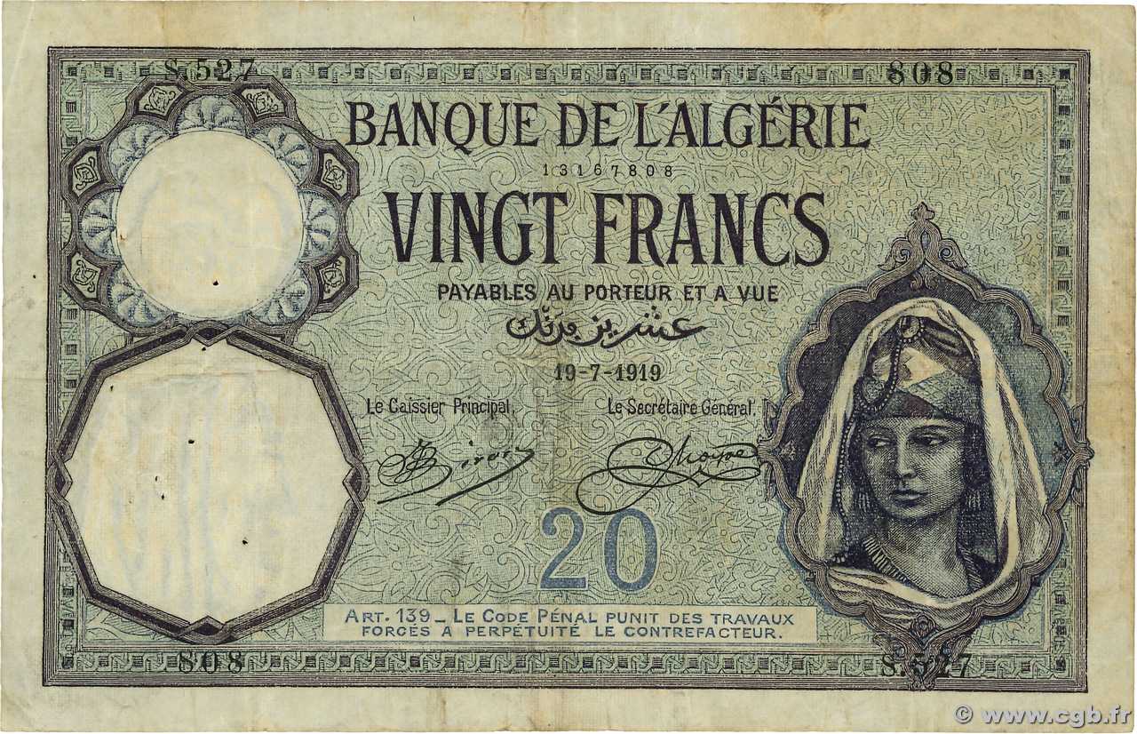 20 Francs ALGÉRIE  1919 P.078a TB+
