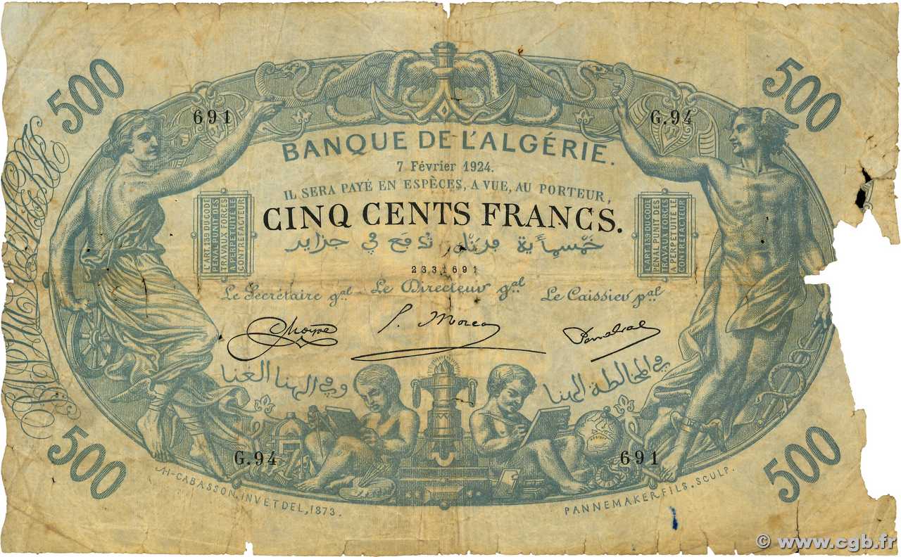 500 Francs ALGERIA  1924 P.075b q.B