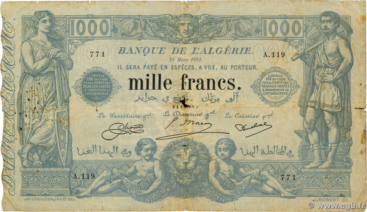 1000 Francs ALGÉRIE  1924 P.076b pr.TB