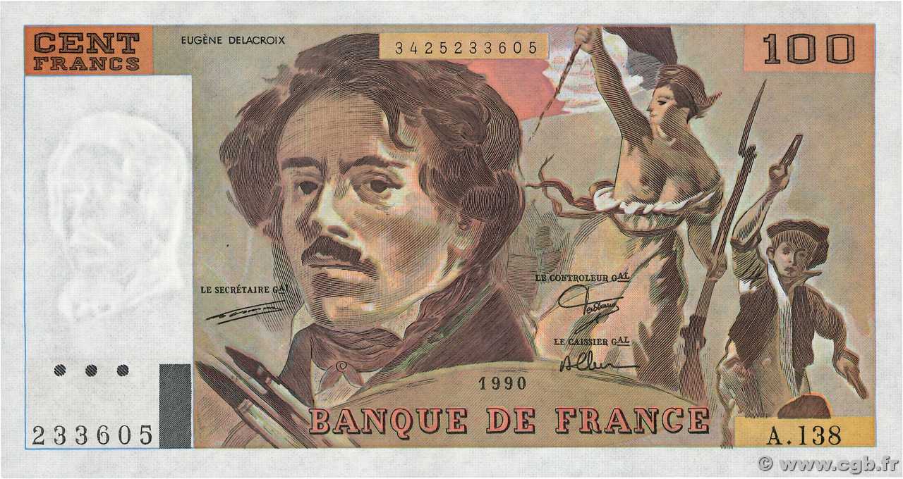 100 Francs DELACROIX imprimé en continu FRANCE  1990 F.69bis.01a pr.SPL