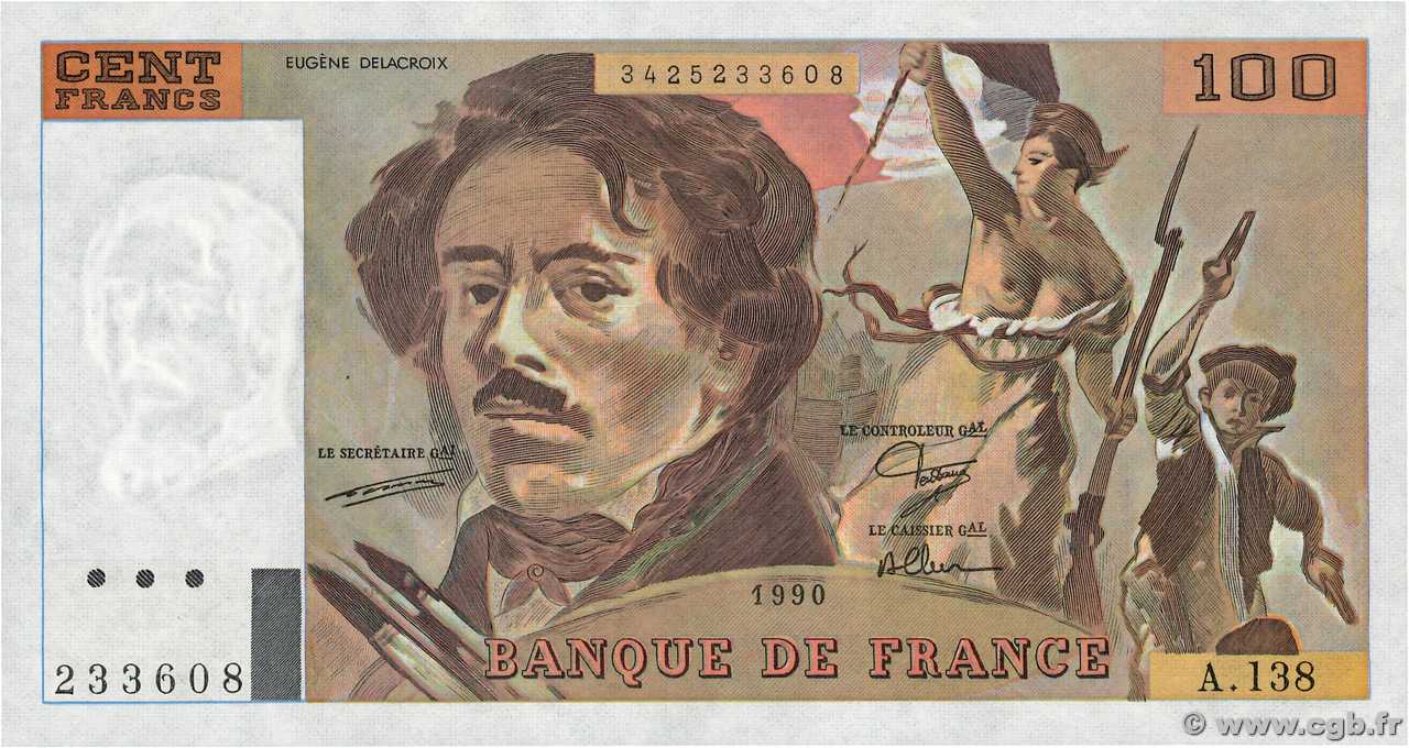 100 Francs DELACROIX imprimé en continu FRANCE  1990 F.69bis.01a SPL