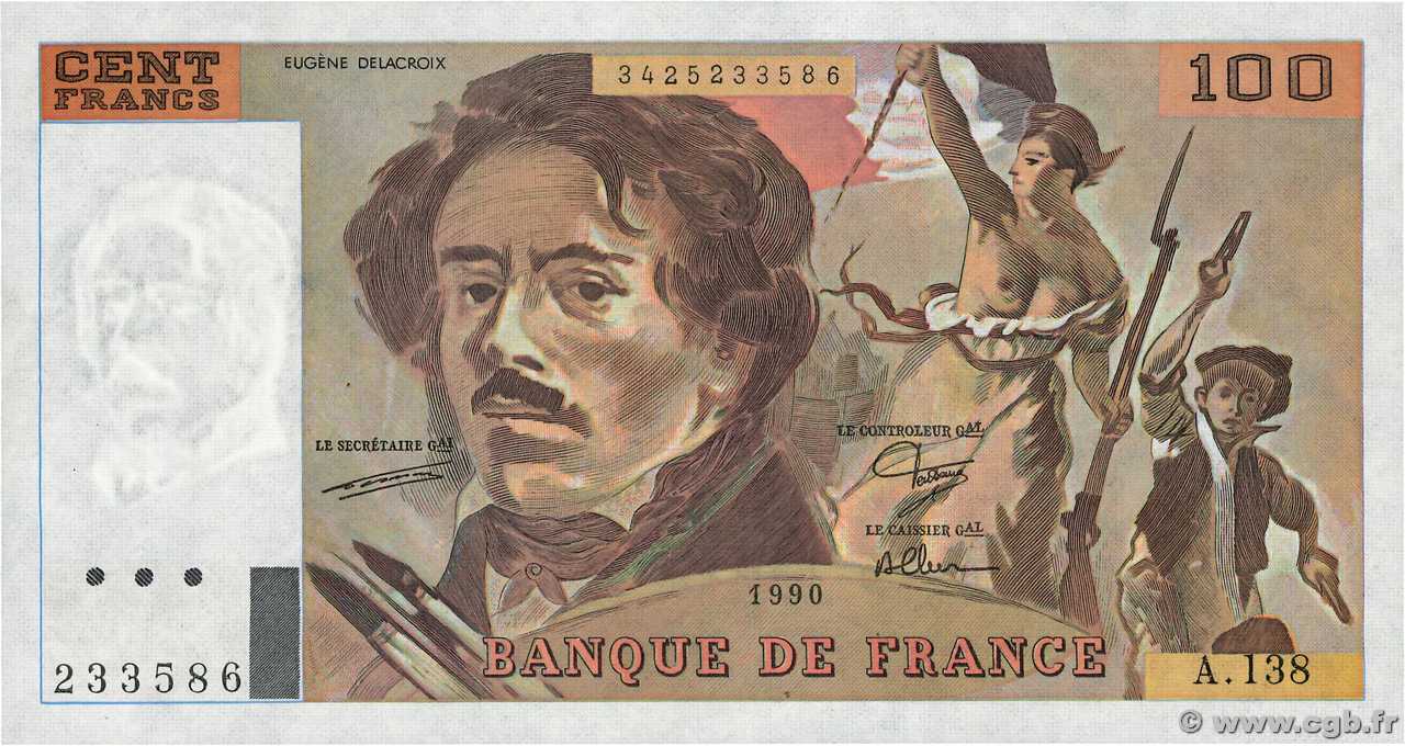 100 Francs DELACROIX imprimé en continu FRANCIA  1990 F.69bis.01a q.AU