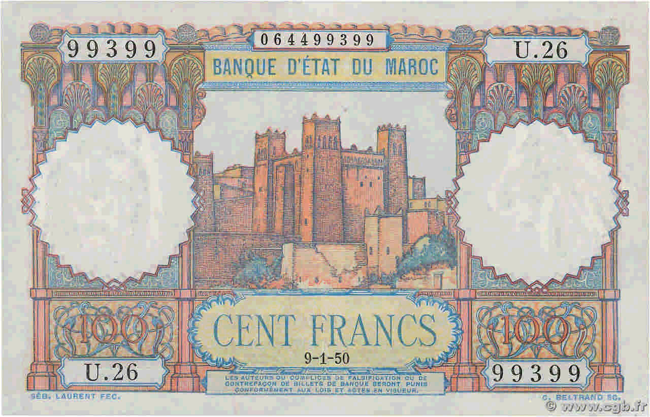 100 Francs MAROC  1950 P.45 SUP