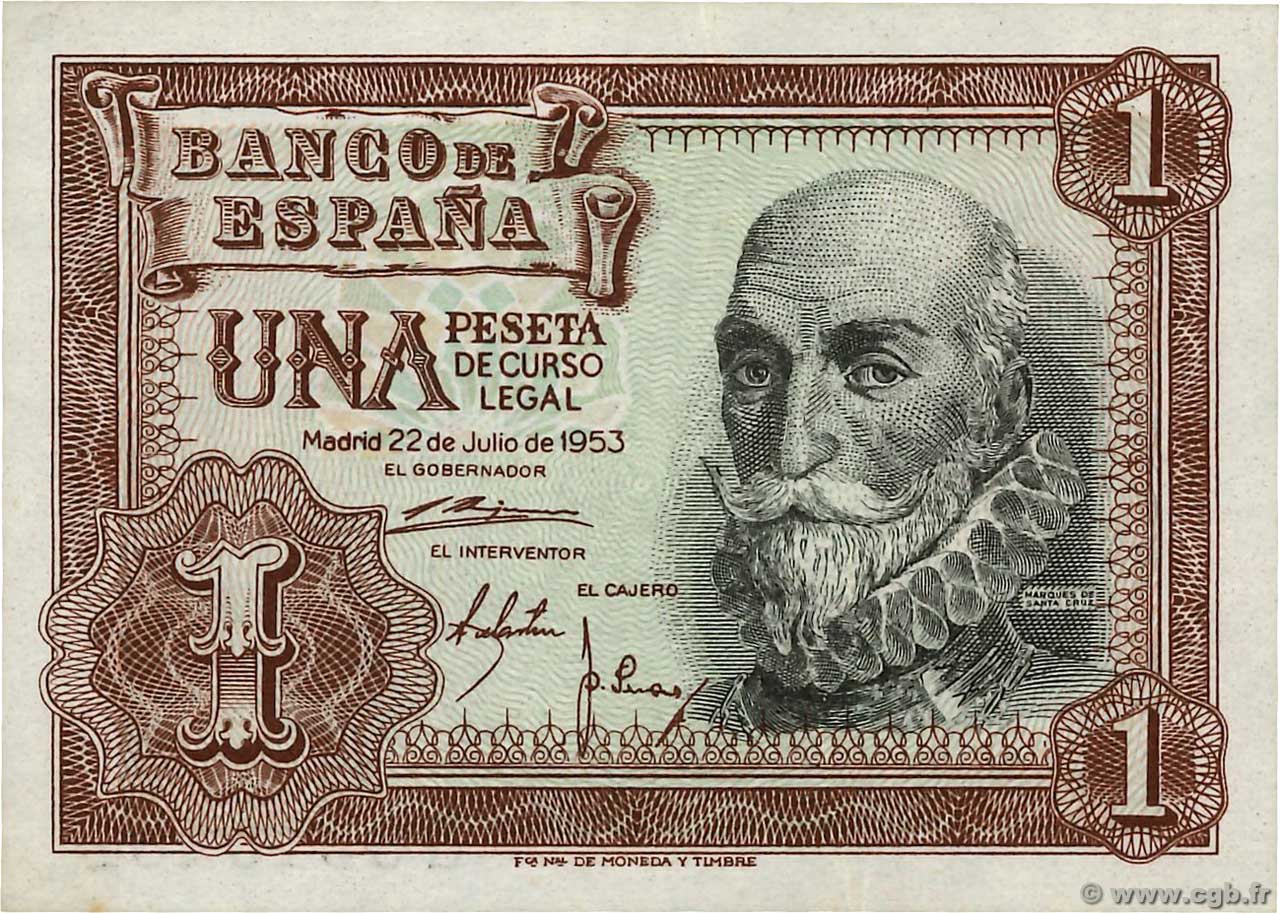 1 Peseta SPAIN  1953 P.144a XF