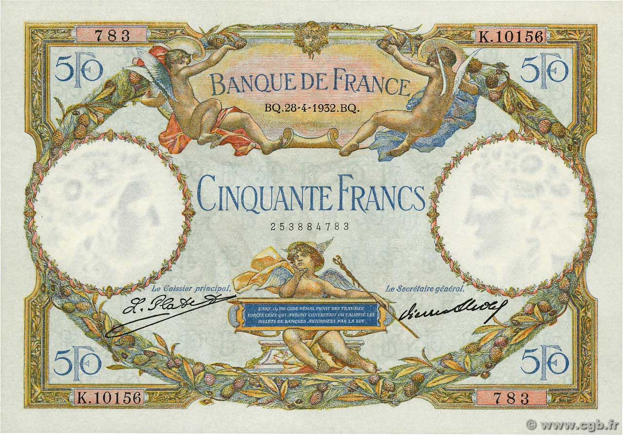 50 Francs LUC OLIVIER MERSON type modifié FRANCIA  1932 F.16.03 SPL