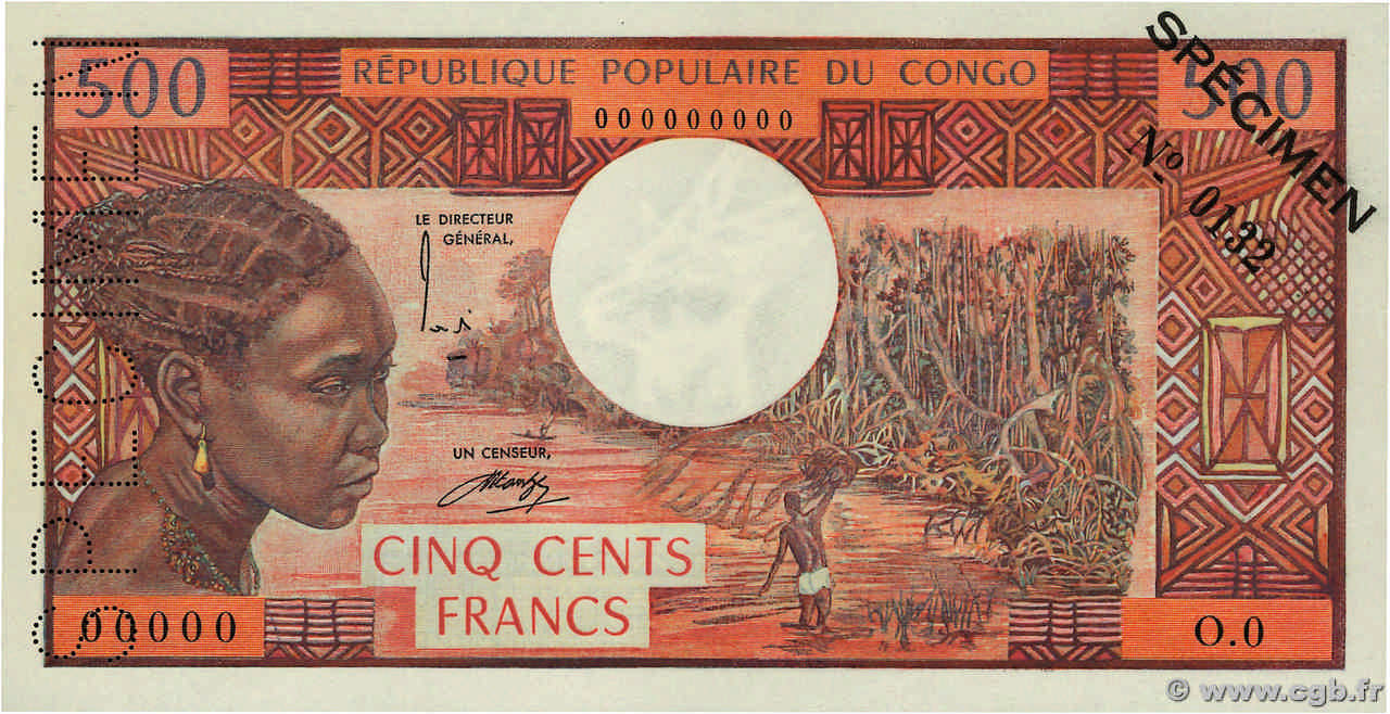 500 Francs Spécimen CONGO  1974 P.02as pr.NEUF