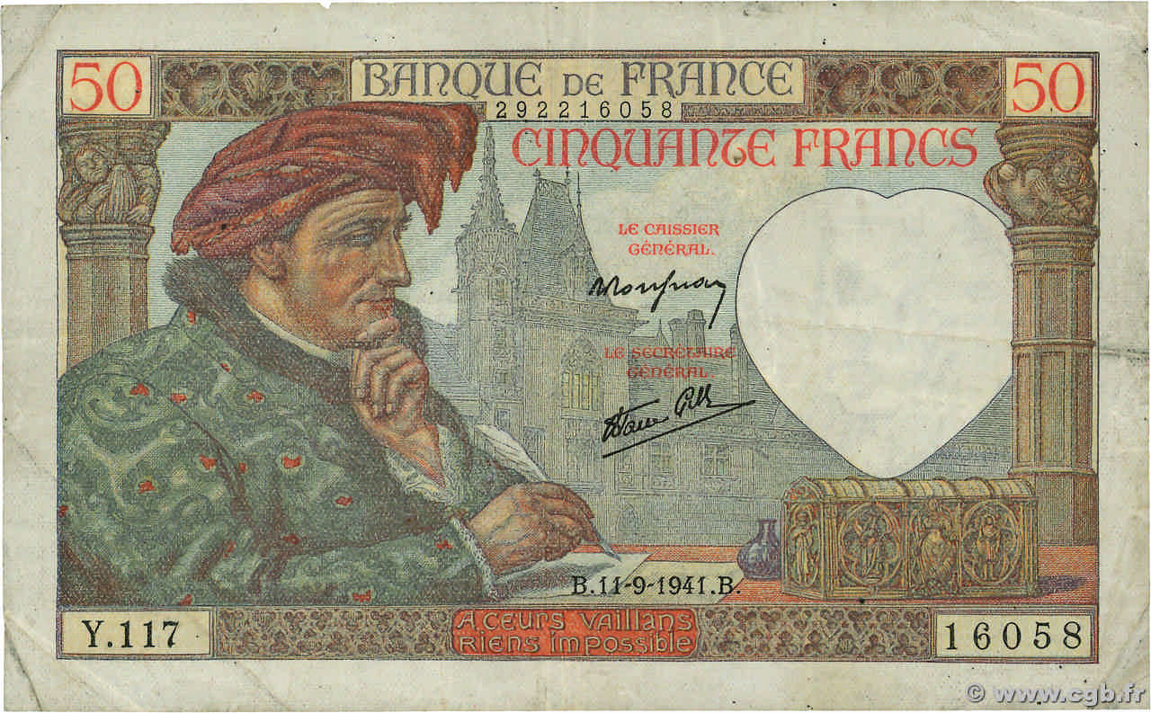 50 Francs JACQUES CŒUR FRANKREICH  1941 F.19.14 S