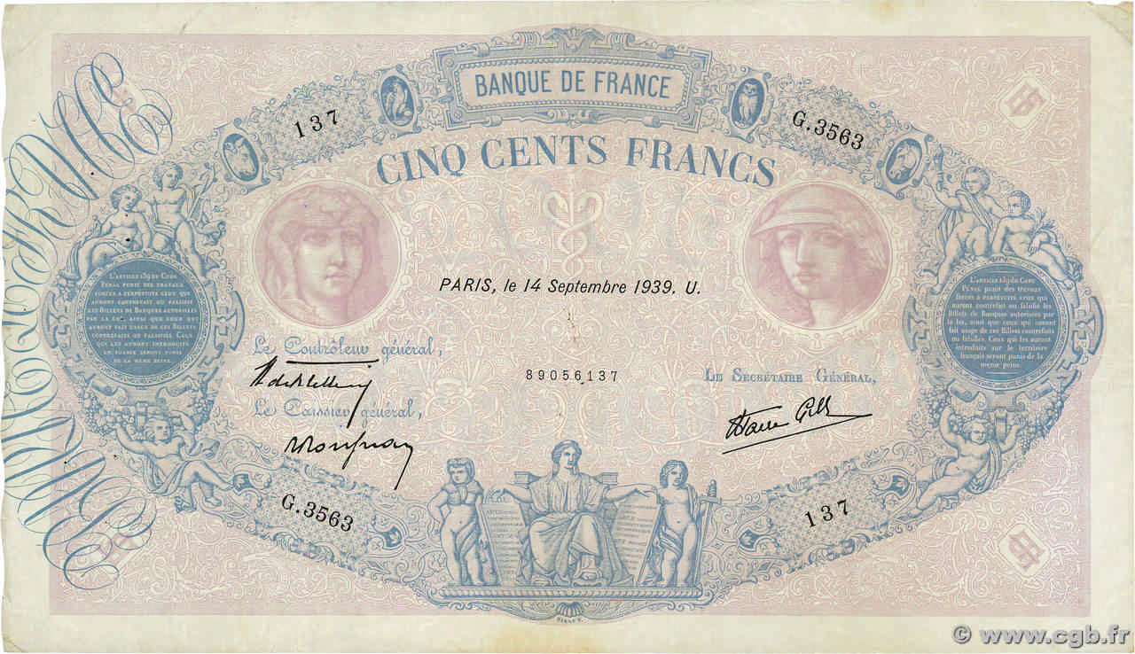 500 Francs BLEU ET ROSE modifié FRANCIA  1939 F.31.39 q.BB