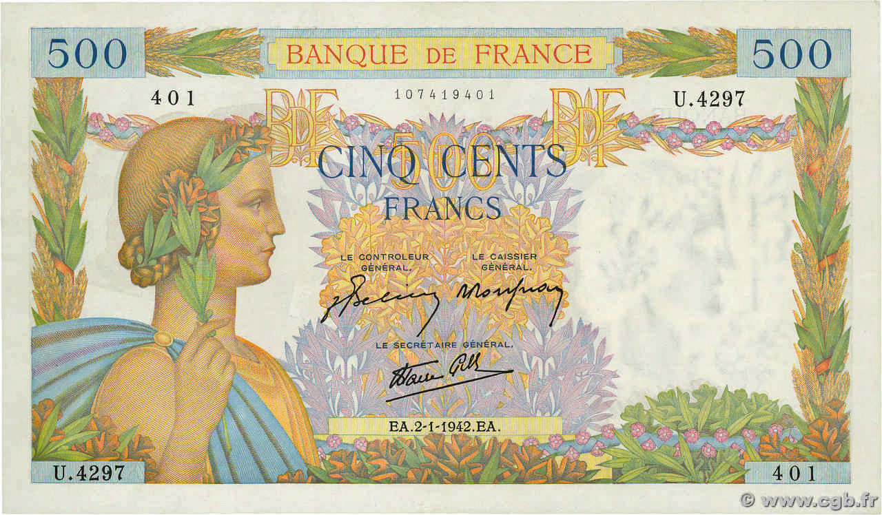 500 Francs LA PAIX FRANCE  1942 F.32.26 XF