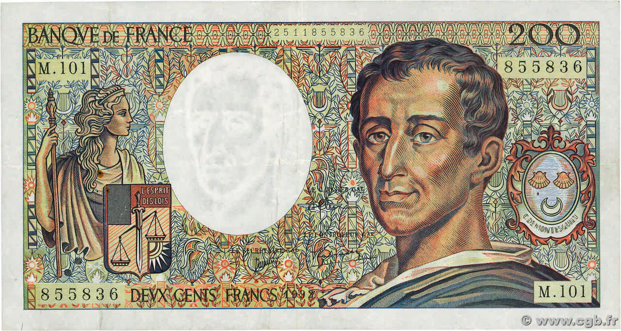 200 Francs MONTESQUIEU alphabet 101 FRANCE  1992 F.70bis.01 VF-