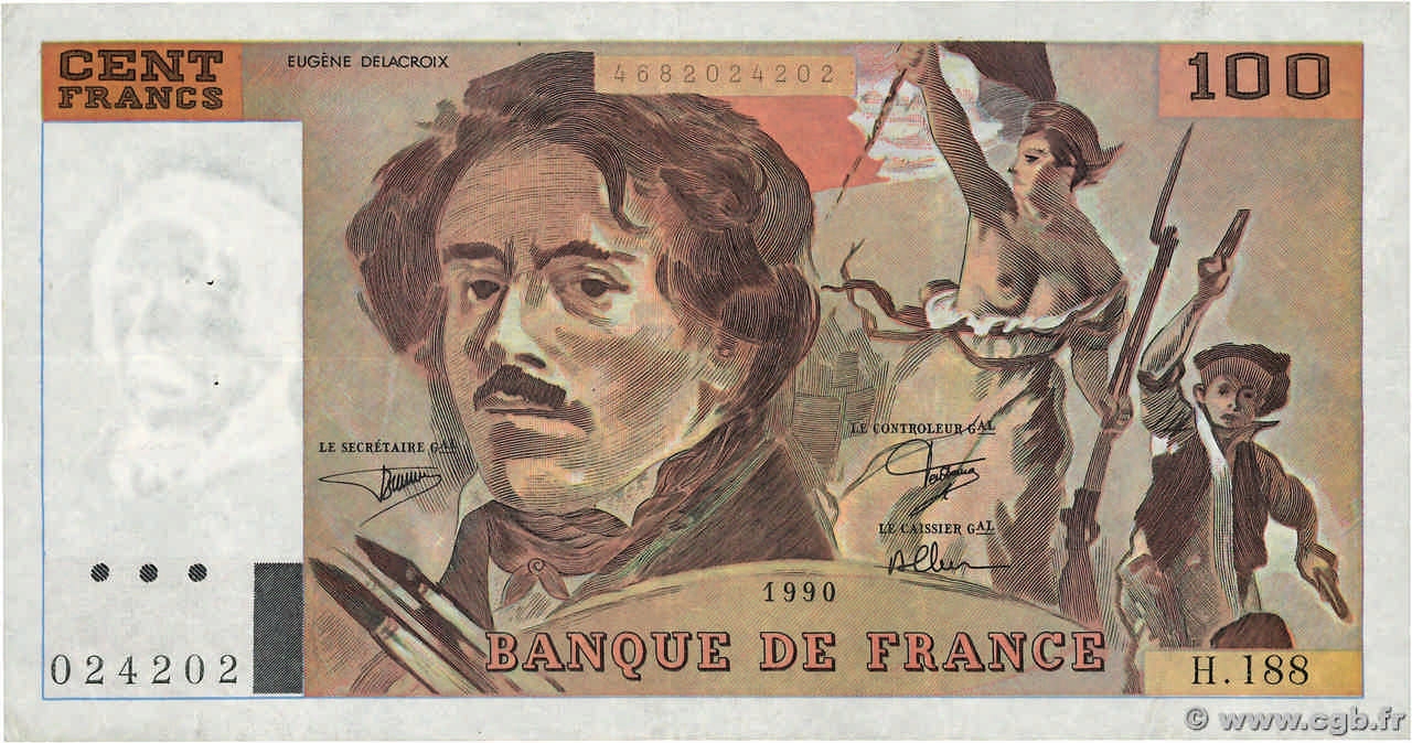 100 Francs DELACROIX imprimé en continu FRANCIA  1990 F.69bis.02e1 BB