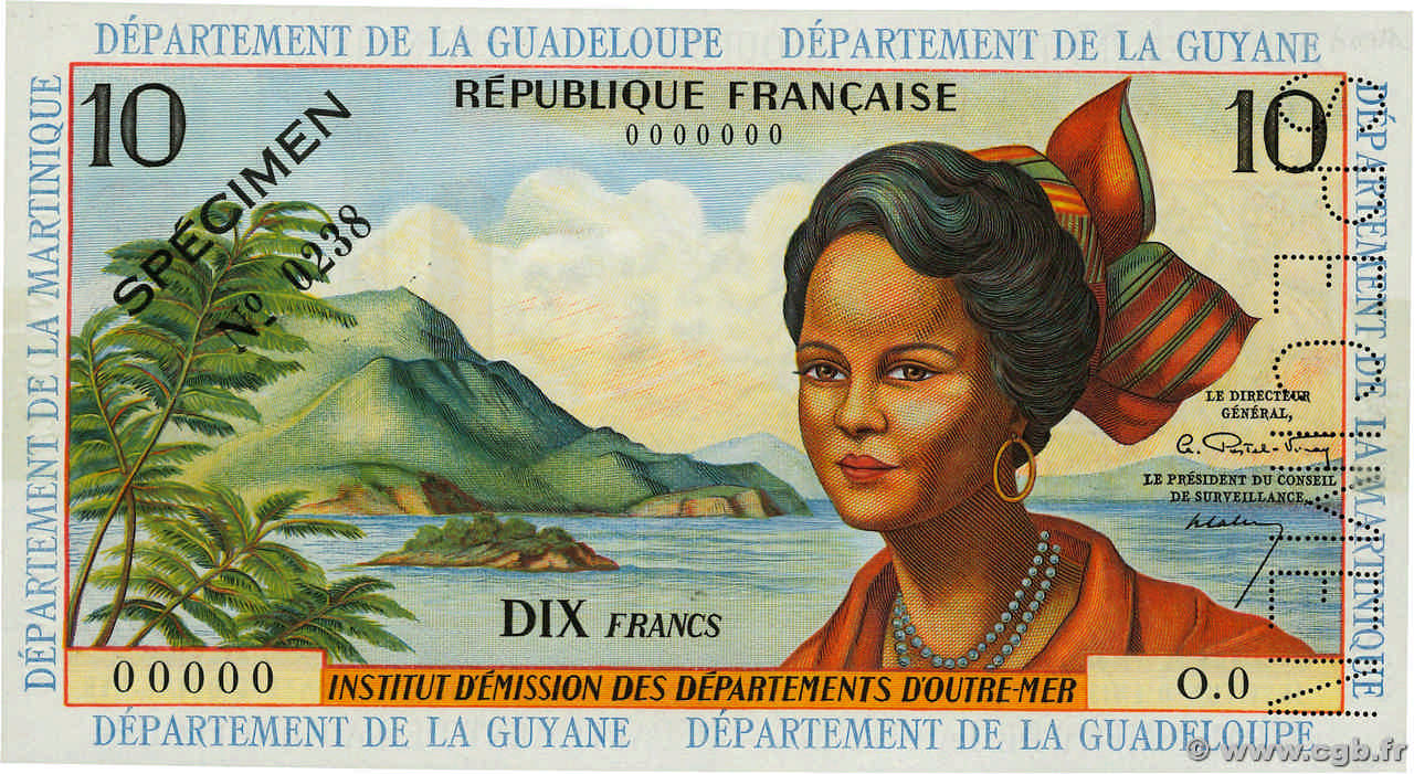10 Francs Spécimen FRENCH ANTILLES  1964 P.08as UNC-