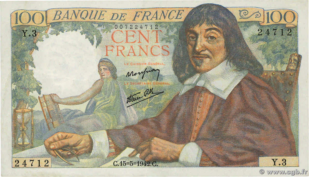 100 Francs DESCARTES FRANKREICH  1942 F.27.01 fVZ