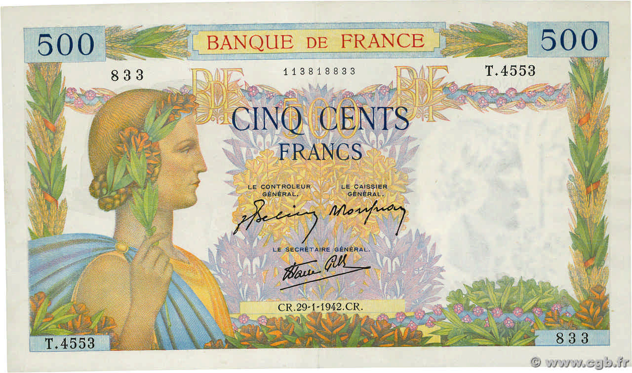 500 Francs LA PAIX FRANKREICH  1942 F.32.28 VZ