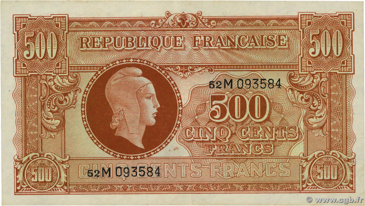 500 Francs MARIANNE fabrication anglaise FRANCE  1945 VF.11.02 TTB+