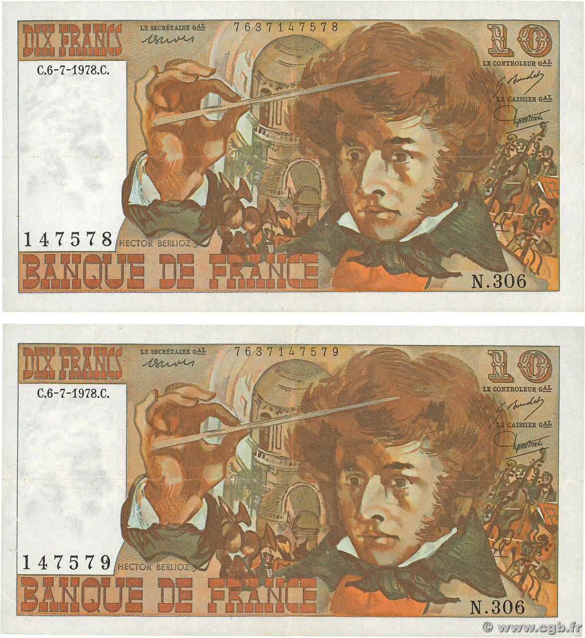 10 Francs BERLIOZ Consécutifs FRANCE  1978 F.63.25 TTB