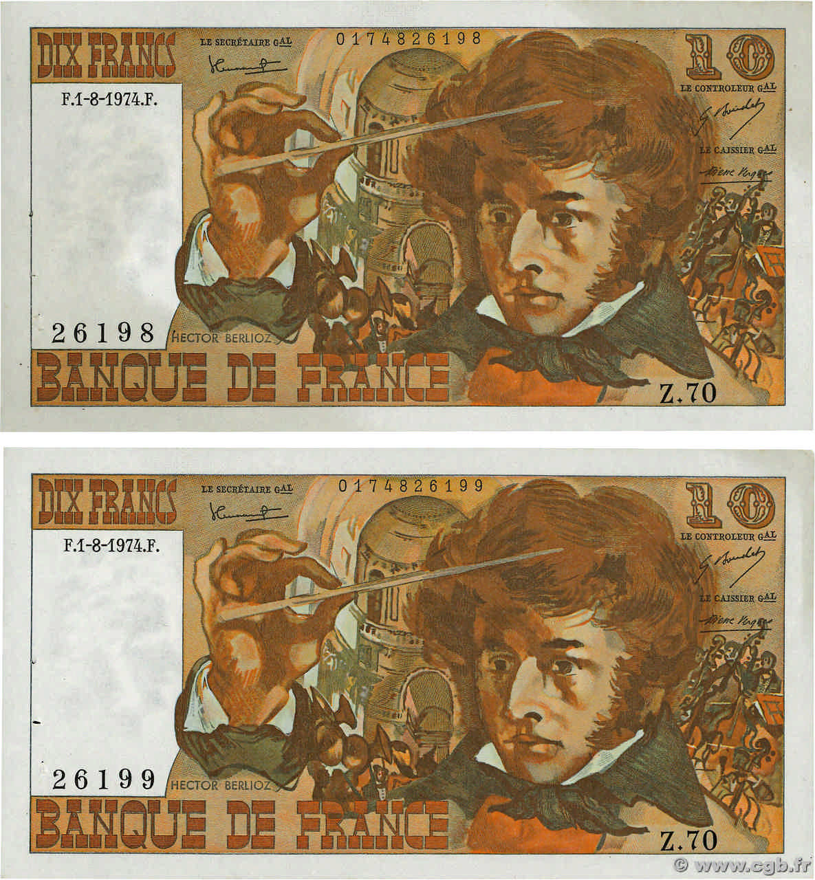 10 Francs BERLIOZ Consécutifs FRANCE  1974 F.63.06 VF+