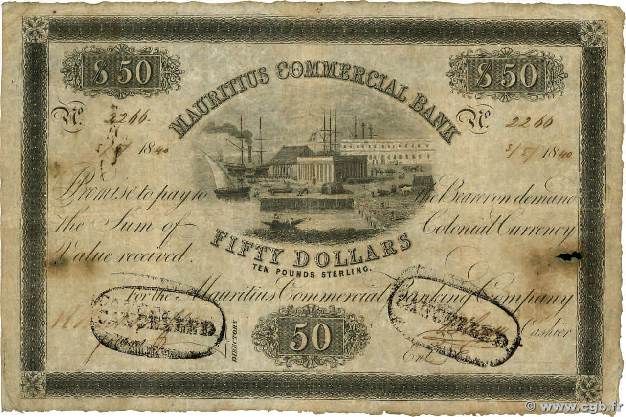 50 Dollars - 10 Pounds Sterling Annulé MAURITIUS  1840 PS.126 F+