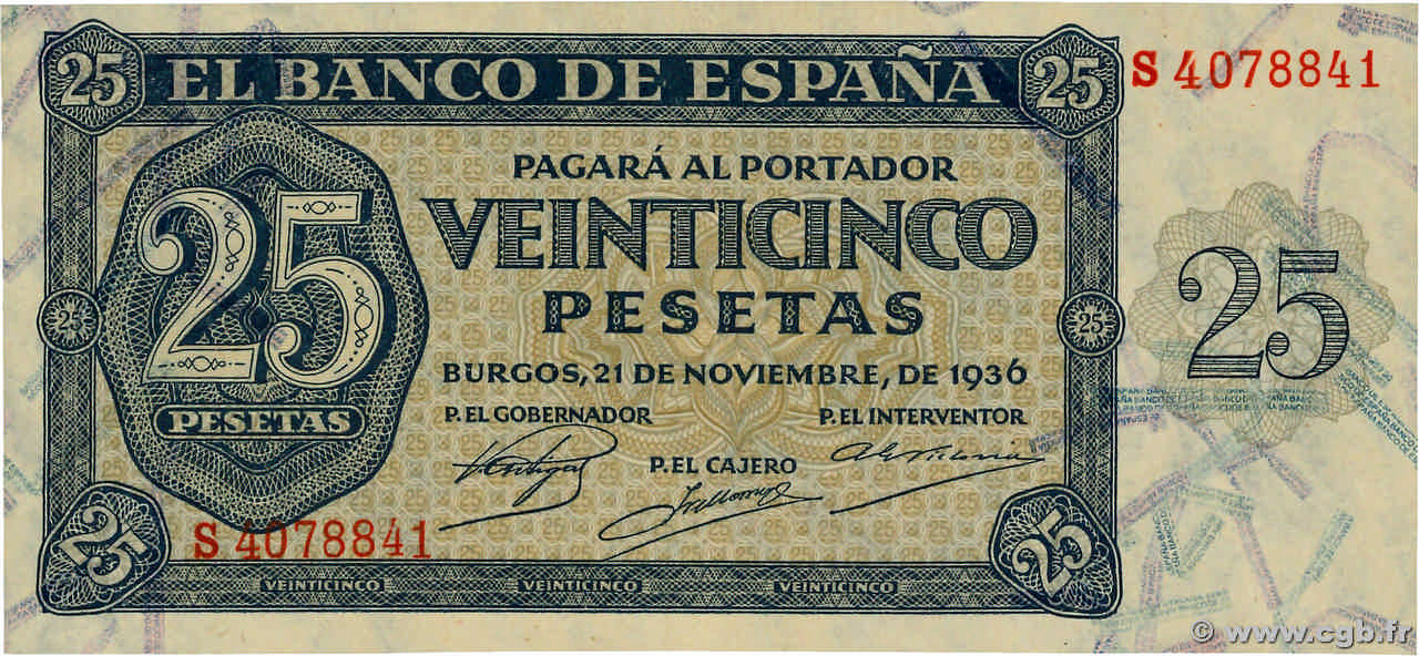 25 Pesetas SPAIN  1936 P.099a XF+