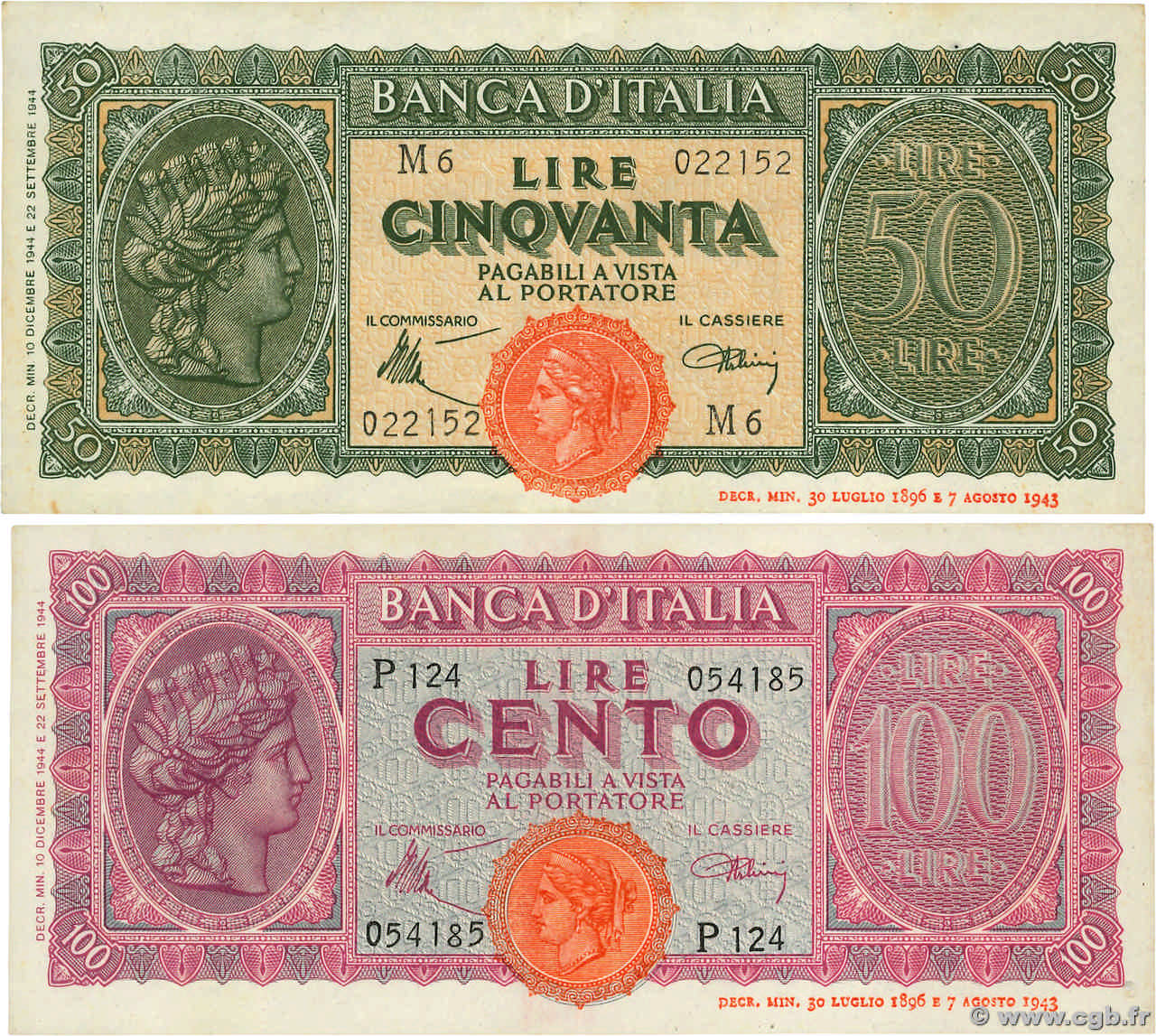 50 et 100 Lire Lot ITALIEN  1944 P.074 et P.075a SS