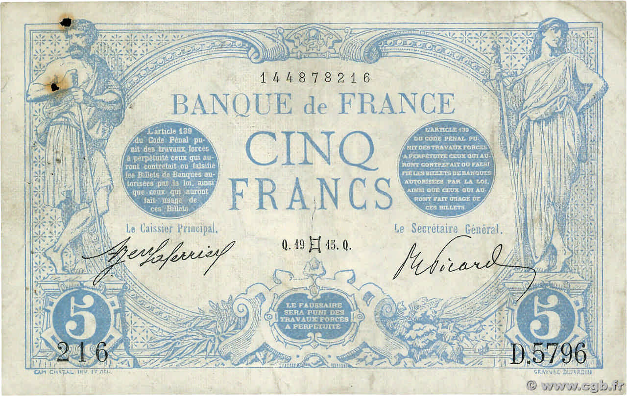 5 Francs BLEU FRANCIA  1915 F.02.27 RC+