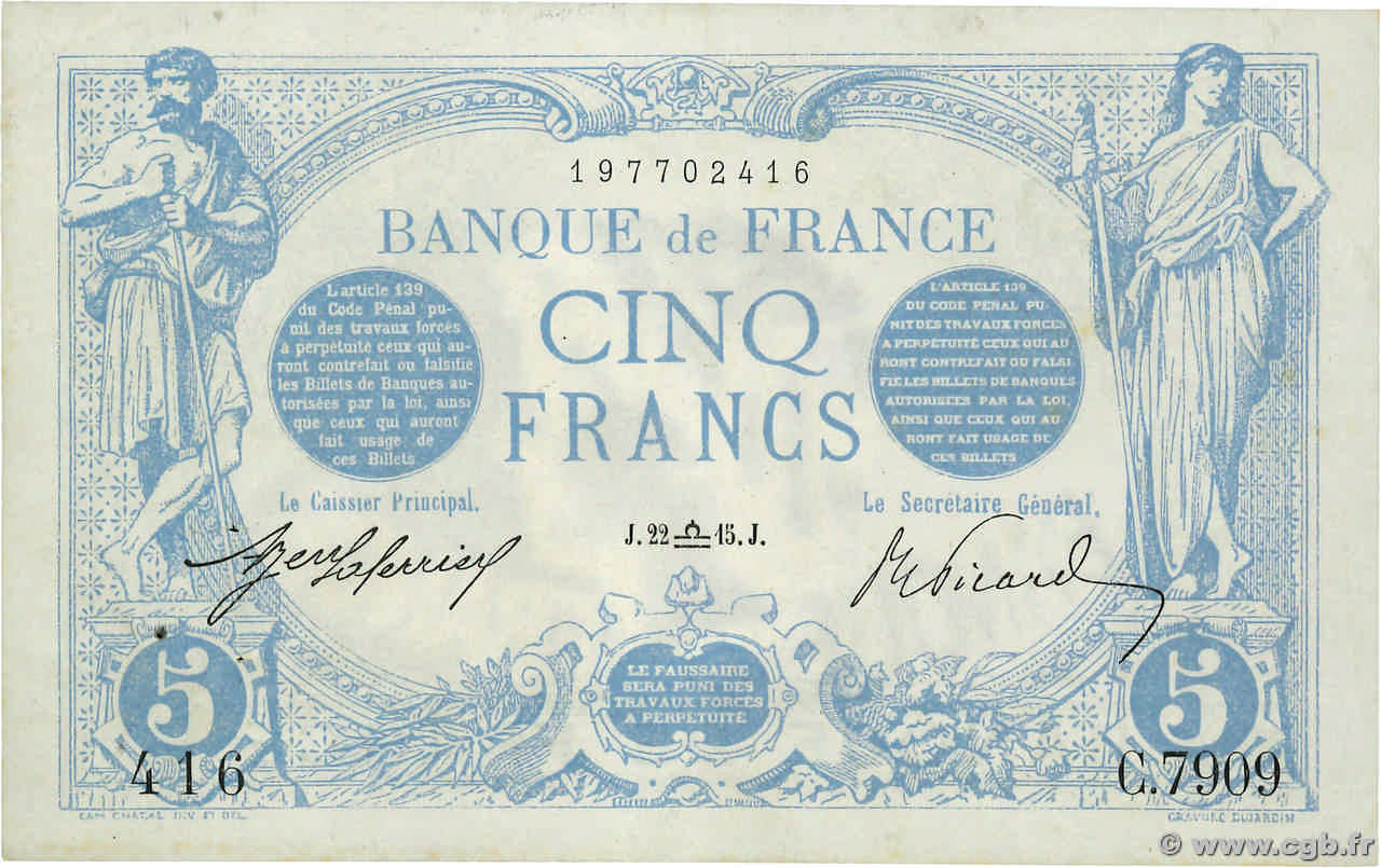 5 Francs BLEU FRANCE  1915 F.02.31 VF