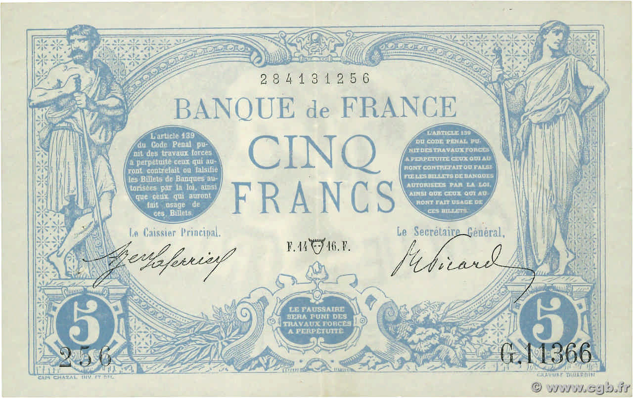 5 Francs BLEU FRANCIA  1916 F.02.38 BB
