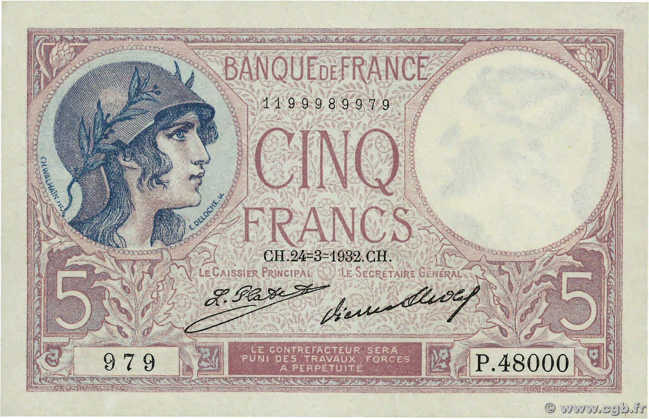 5 Francs FEMME CASQUÉE FRANCE  1932 F.03.16 SPL